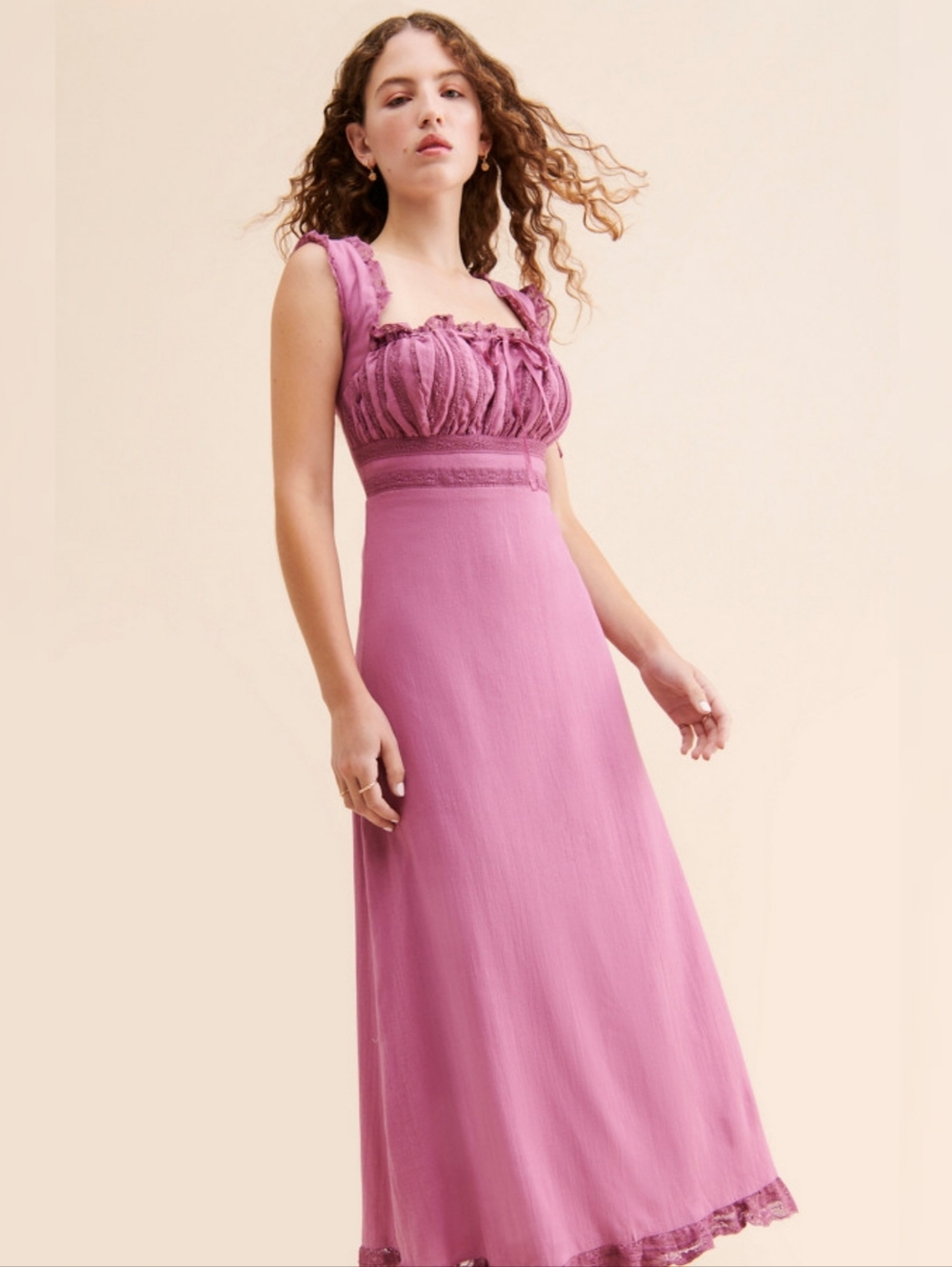 Free People Moon Eyes Midi Dress Mulberry Pink Sleeveless Lace Trim Women's
